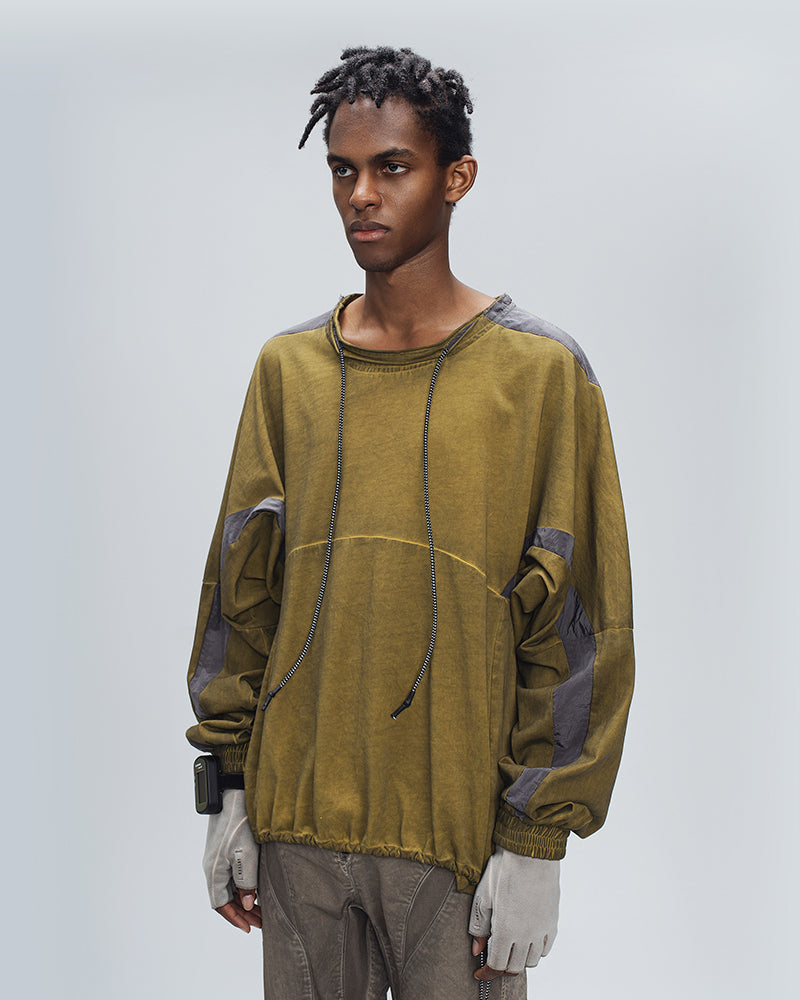 Washed Contrast Panel Drawstring Long-Sleeve Tee