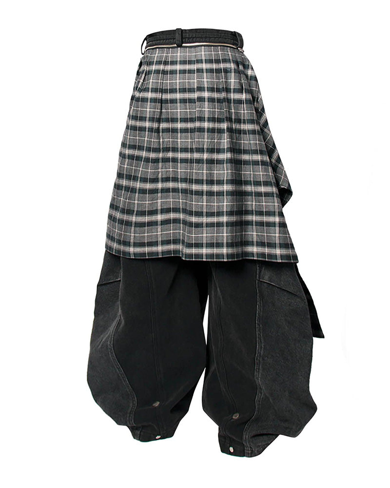 Detachable Plaid Back Flap Spliced Jeans