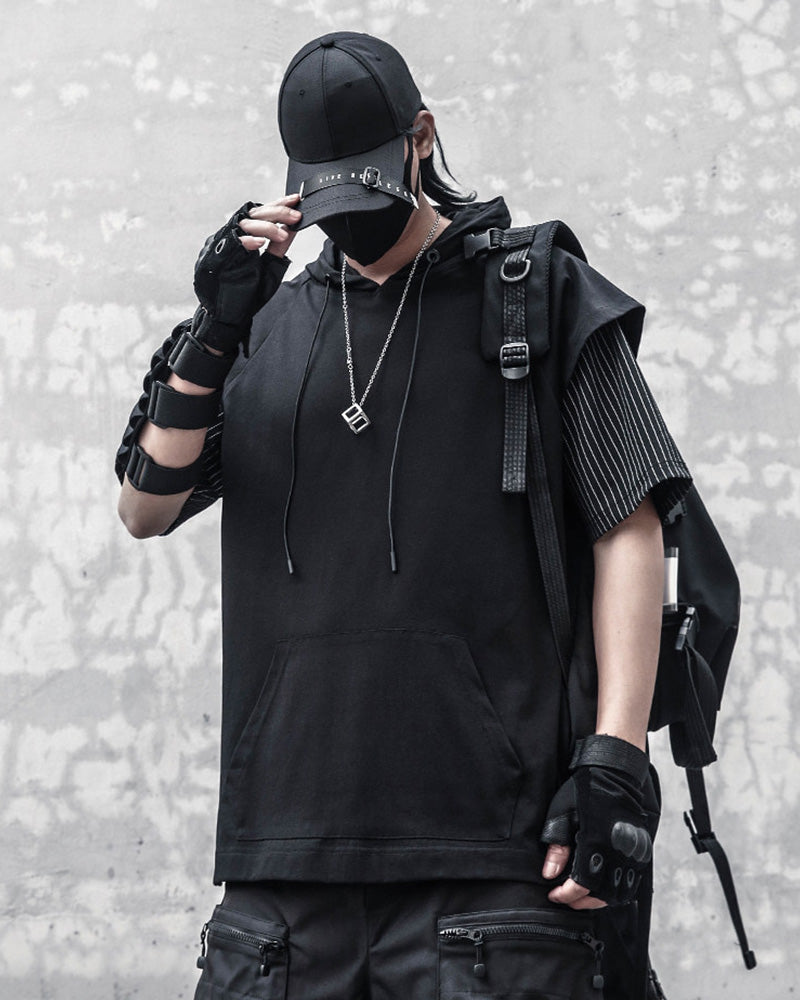 Layered Pinstripe Hooded Techwear T-Shirt