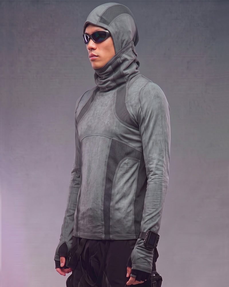 Wasteland Mesh‑Patchwork Ninja‑Hood Long‑Sleeve T-Shirt