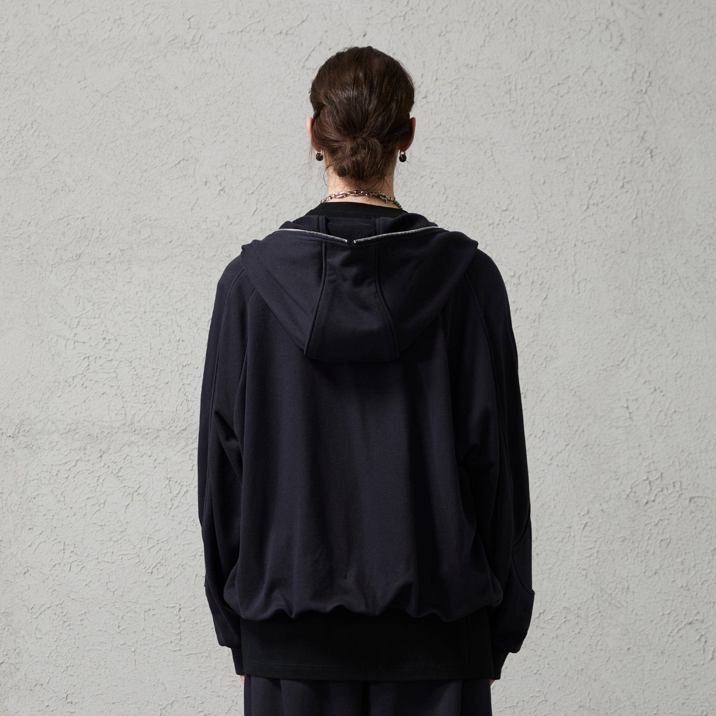 Curved Panel Drawstring-Hem Zip-Up Hoodie