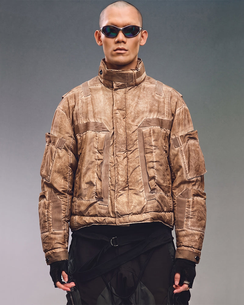 Post‑Apocalyptic Distressed Multi‑Pocket Down Jacket