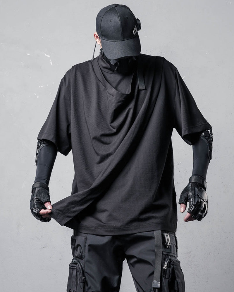 Techwear Draped Neck Asymmetrical Hem T-Shirt
