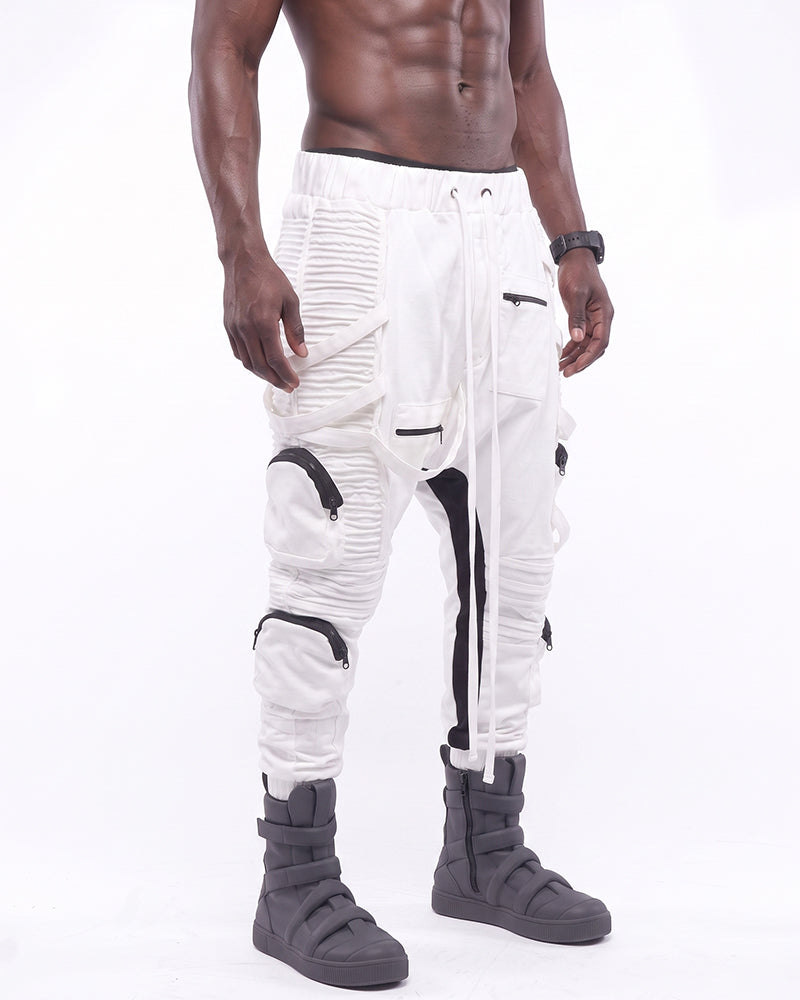 Dystopian Ruched Contrast Drop‑Crotch Cargo Pants