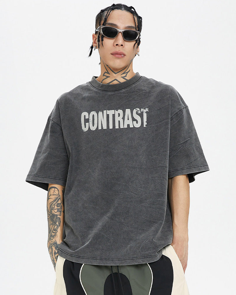 Washed Vintage Contrast Slogan Print T-Shirt