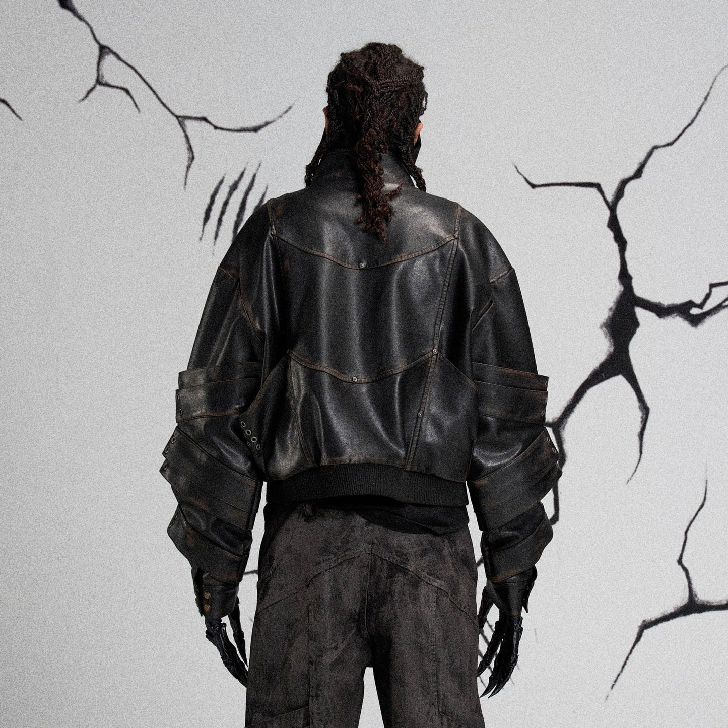 Mutation Layered Armor Spliced Faux Leather Jacket Black