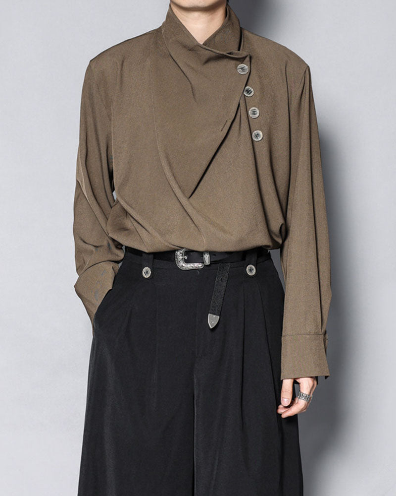 Modern Japanese Half-Stand Draped Collar Long-Sleeve Shirt