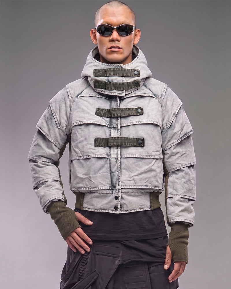 Post-Apocalyptic Distressed Pleated Cropped Hooded Jacket