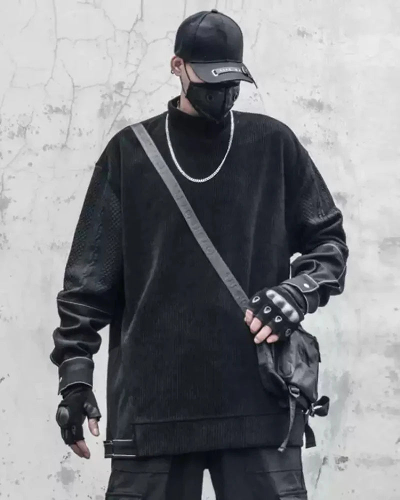 Modern Japanese-Style Patchwork Oversized Mock-Neck Sweatshirt