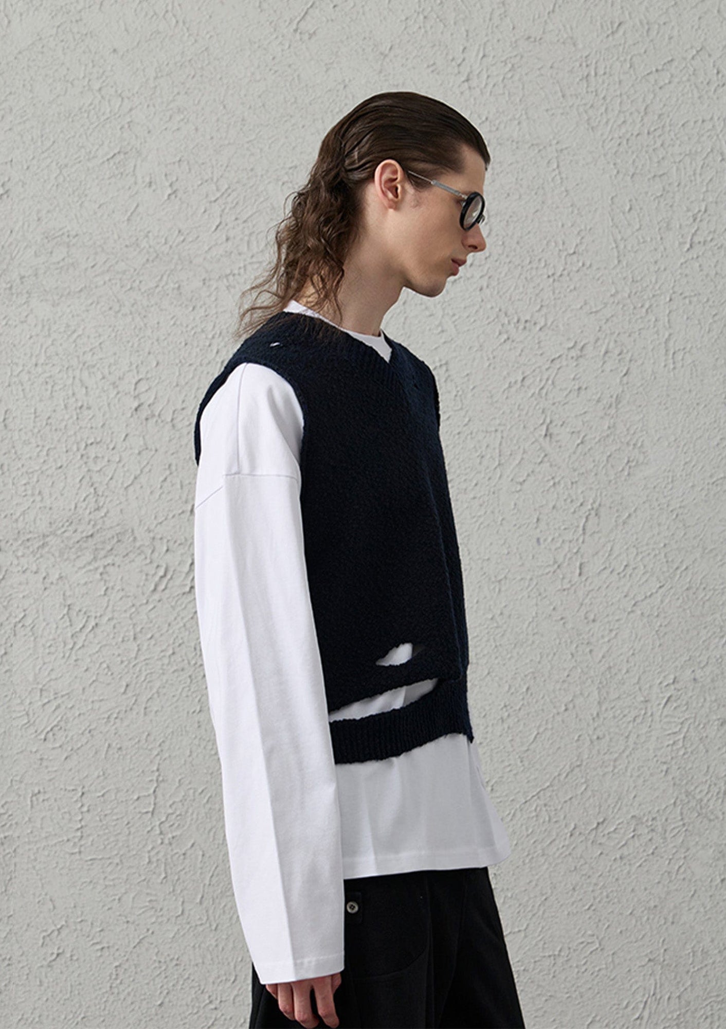 Asymmetrical Distressed Bubble-Knit Vest