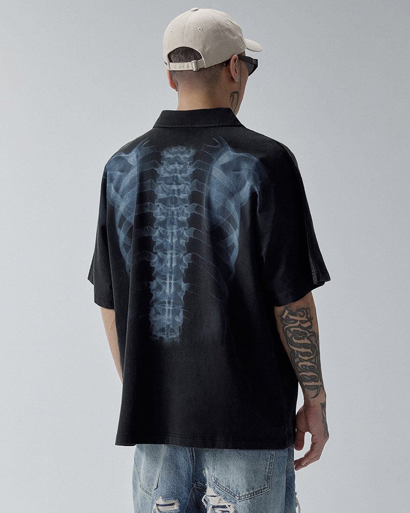 Washed Vintage Skeleton Print Polo Shirt