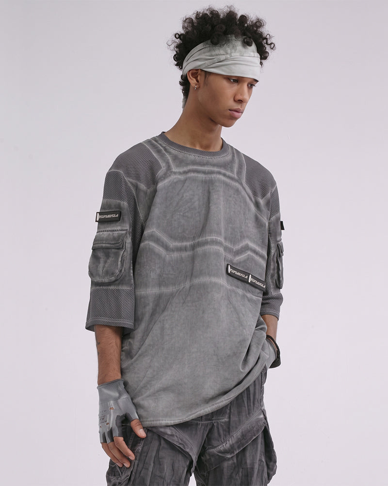 Post-Apocalyptic Dirty-Dye Mesh Velcro Pocket T-Shirt