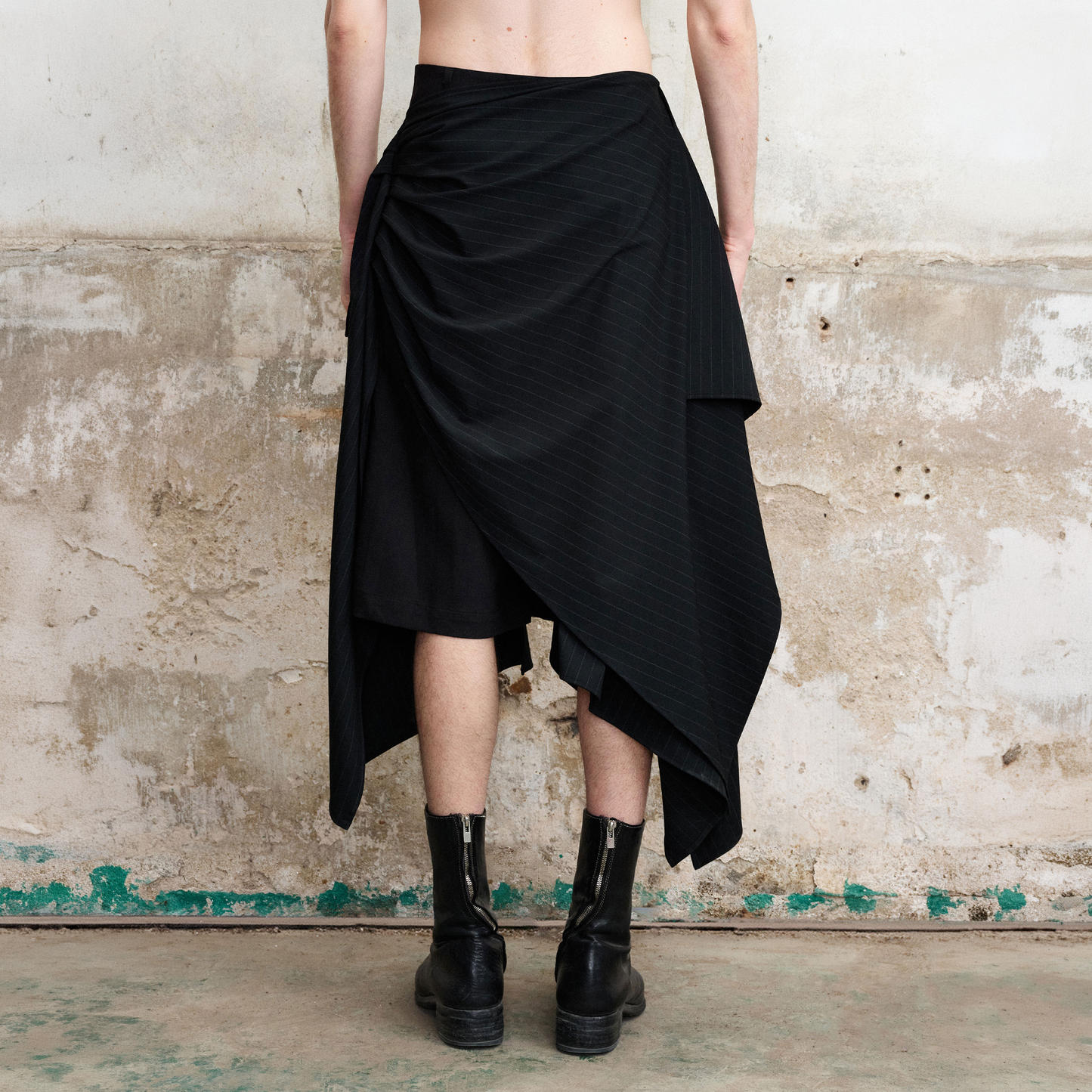 Asymmetric Draped Panel Pinstripe Skort Shorts