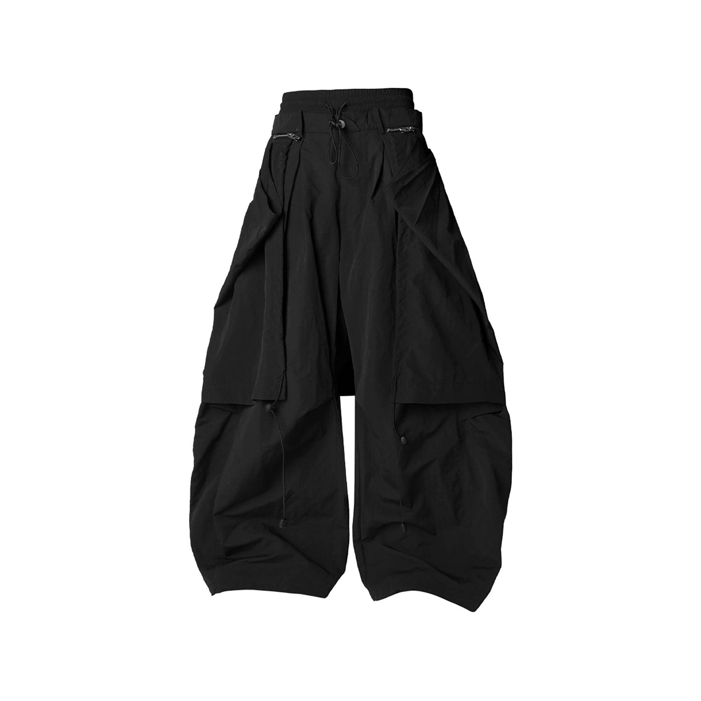 Drawstring Layered Double-Waistband Parachute Pants Black