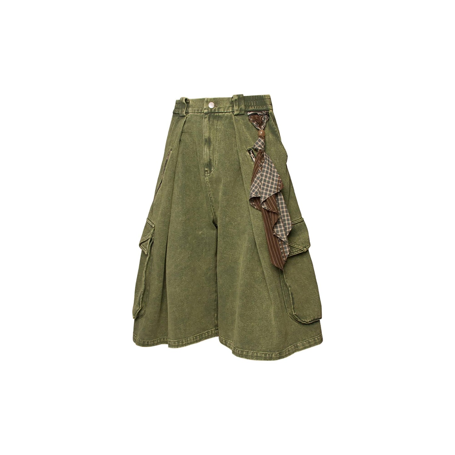 Detachable Scarf Washed Multi-Pocket Wide-Leg Shorts Green