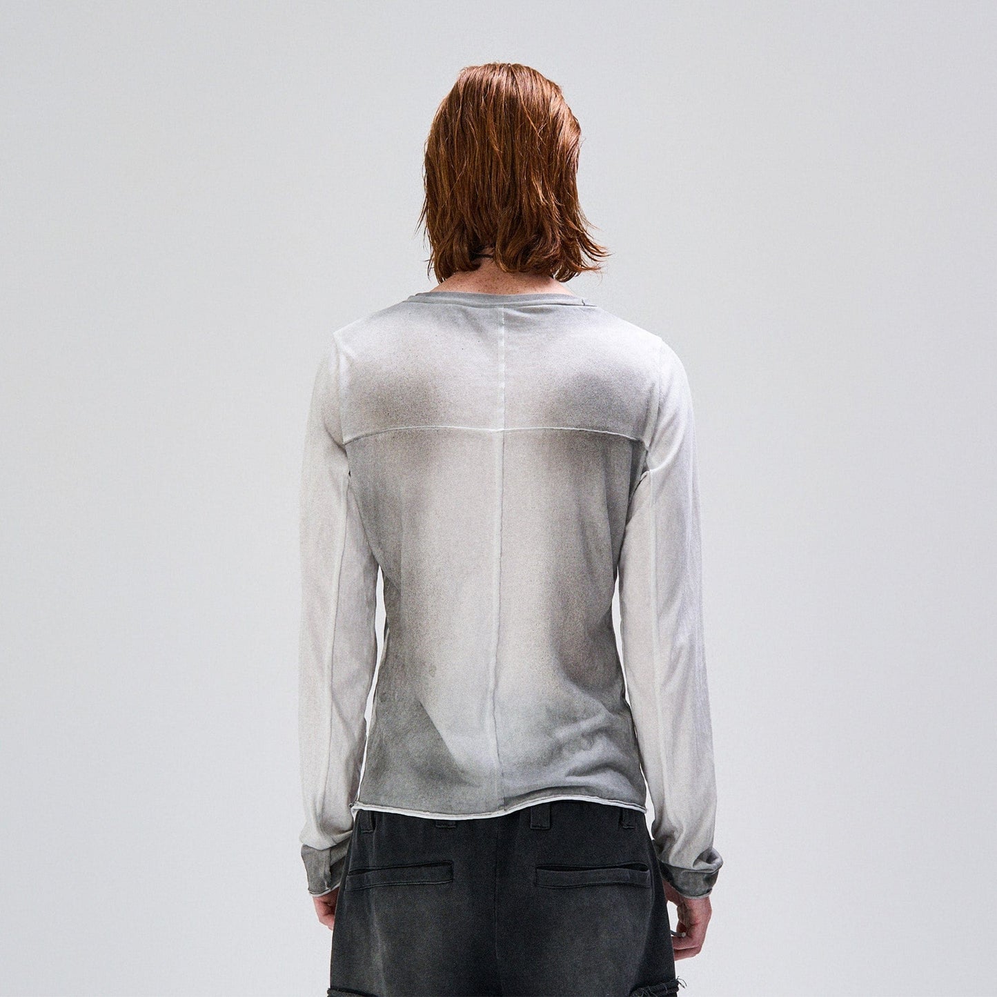 Washed Gradient Cross-Panel Raw-Edge Long-Sleeve Tee