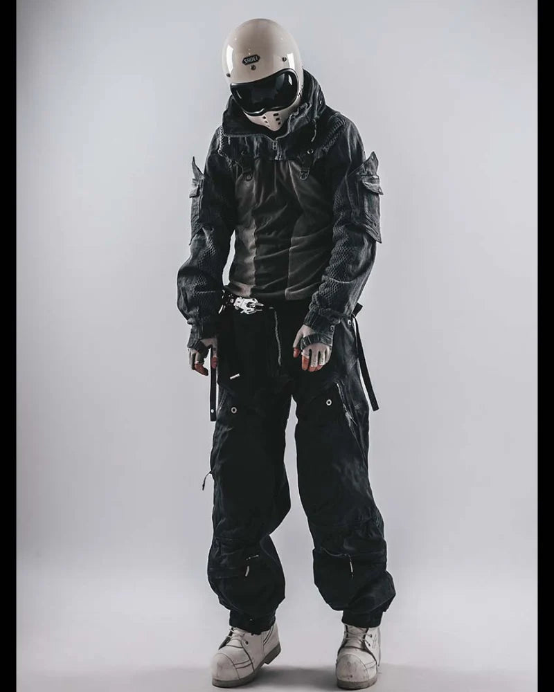 Post-Apocalyptic Hooded Mesh Color-Block Cape Jacket
