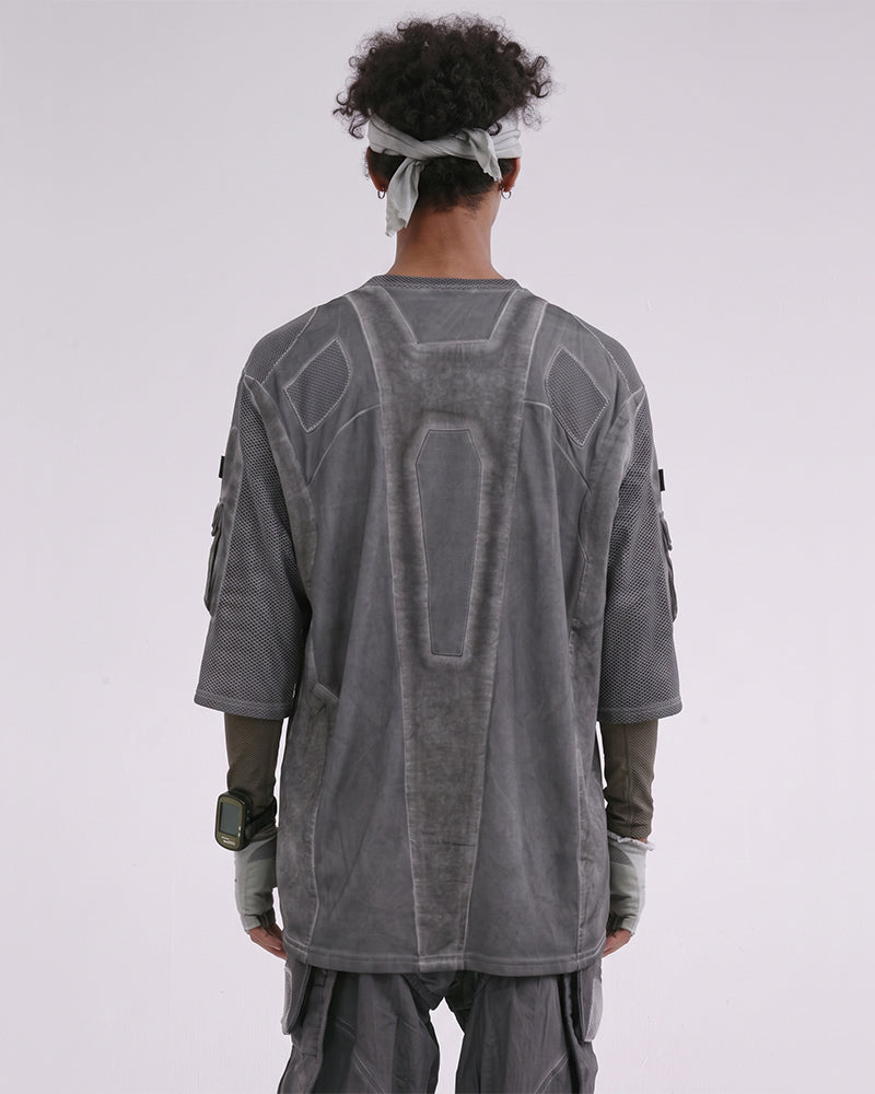 Post-Apocalyptic Dirty-Dye Mesh Velcro Pocket T-Shirt