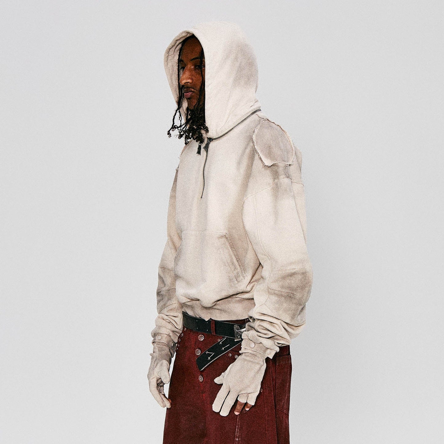 Distressed Detachable-Hood Glove-Sleeve Hoodie