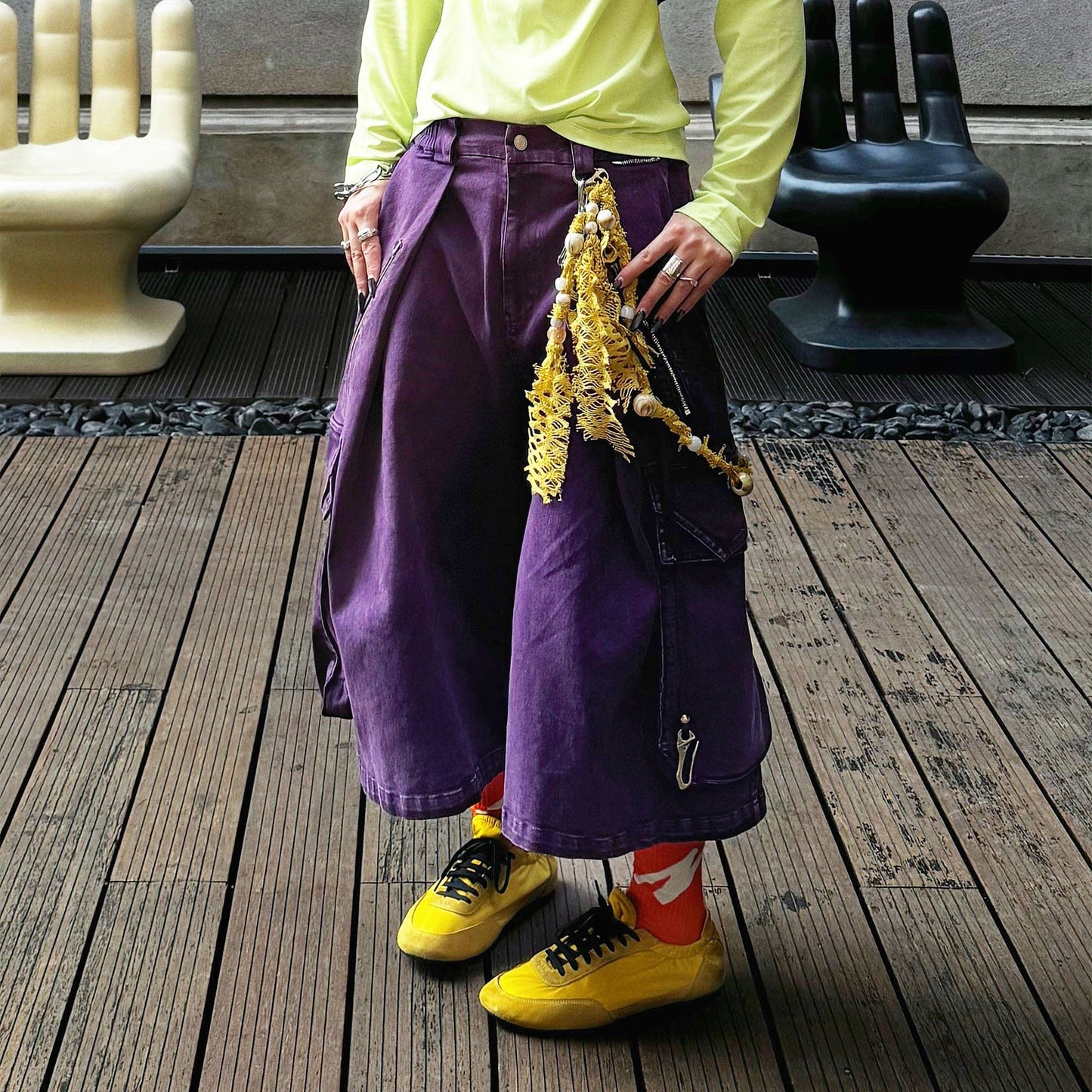 Detachable Scarf Washed Multi-Pocket Wide-Leg Shorts Purple