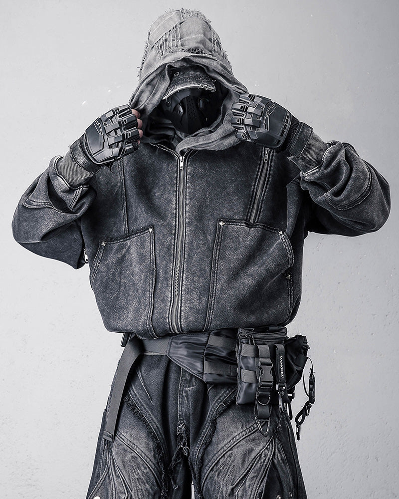 Wasteland Distressed Washed Multi-Zip Techwear Hoodie