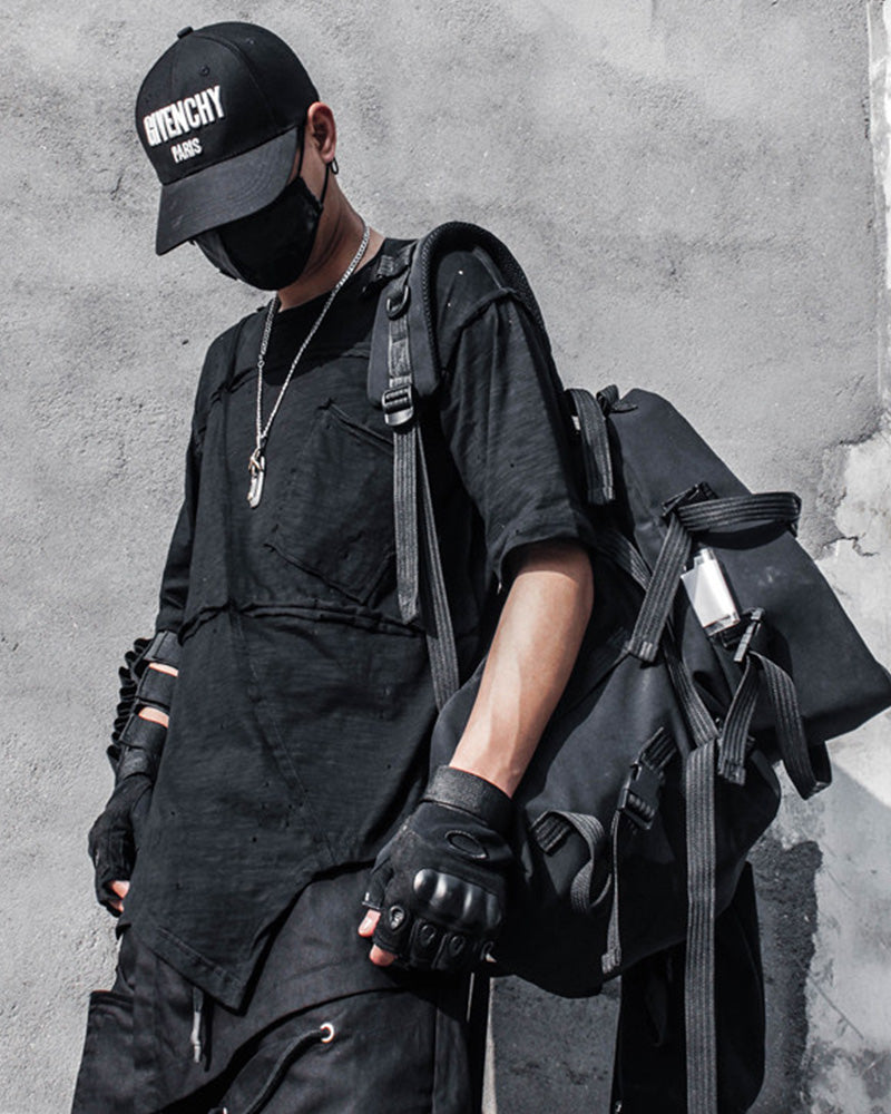 Asymmetric Patchwork Distressed Techwear T-Shirt