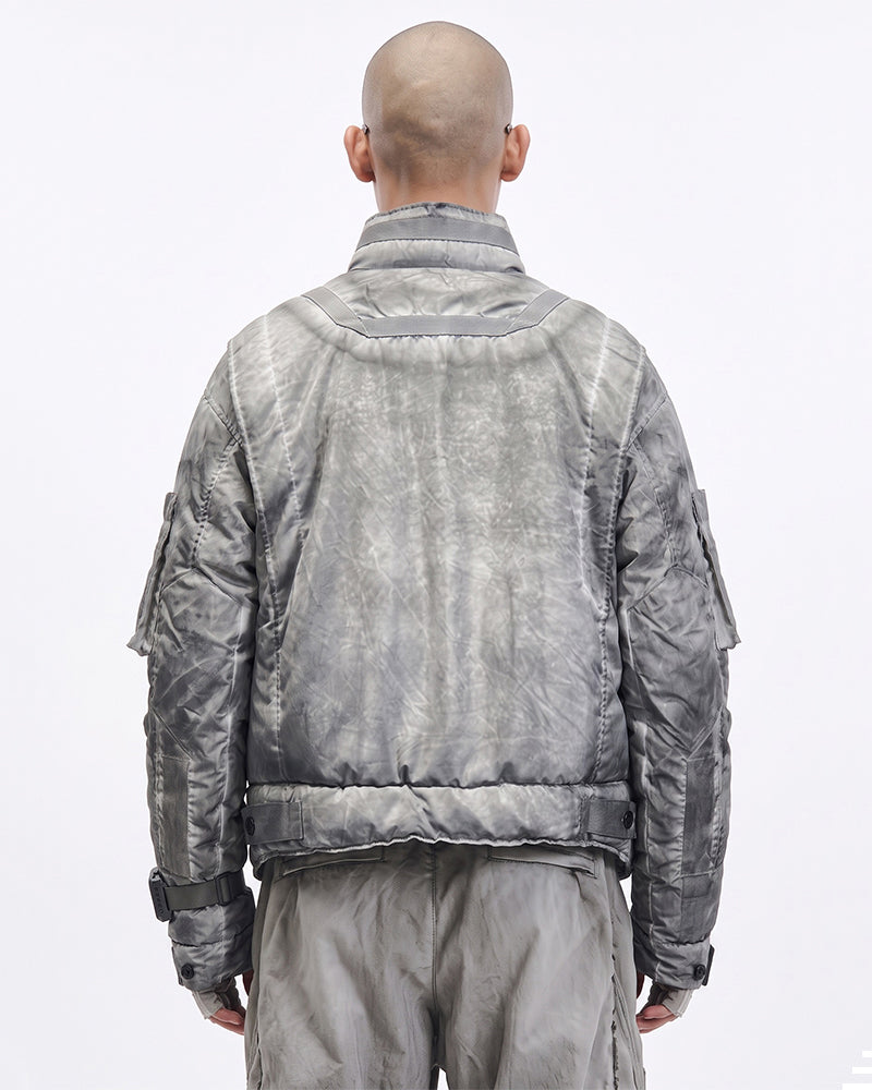 Dystopian Distressed Cropped Multi-Pocket Down Jacket