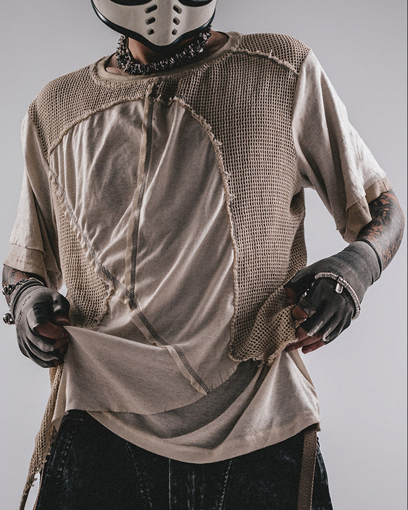 Wasteland Wear Distressed Dual-Layer Mesh Patchwork T-Shirt