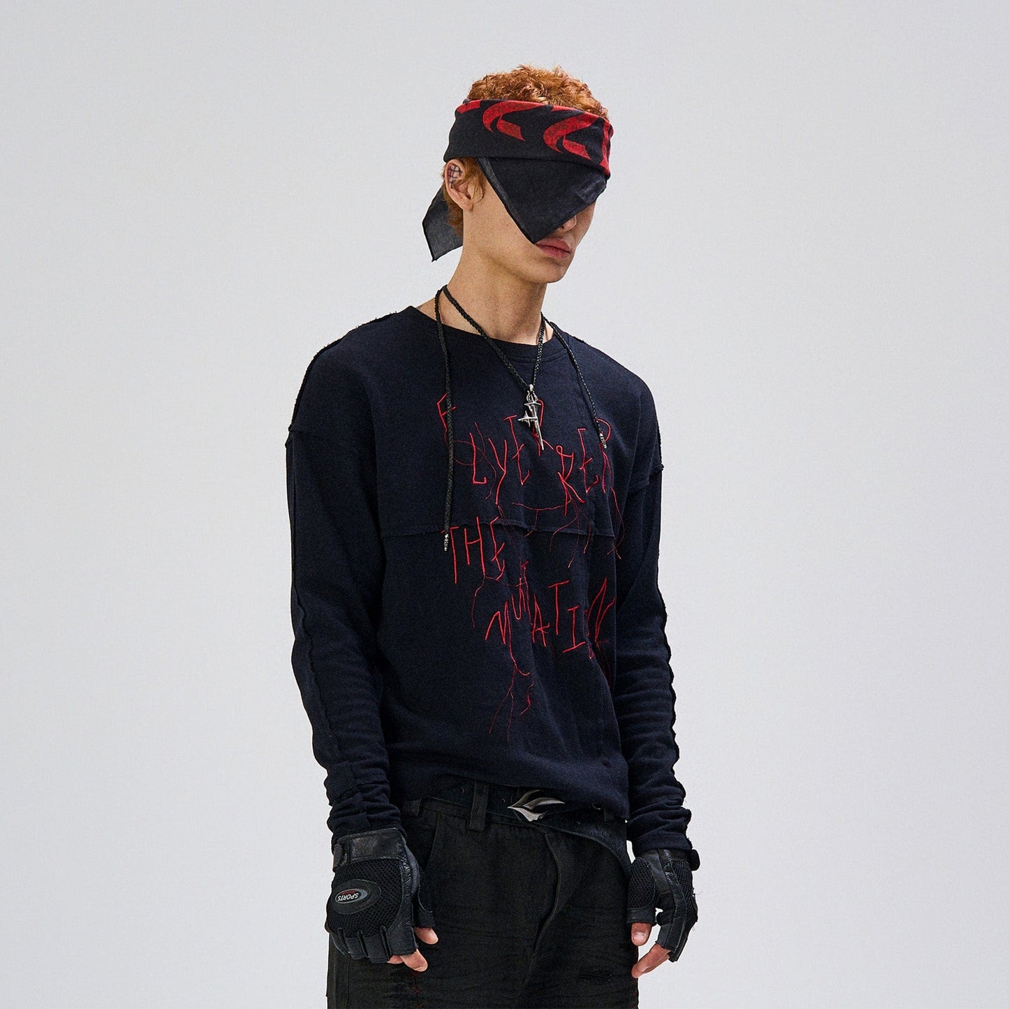 Cross-Panel Contrast Frayed Embroidered Long-Sleeve Tee