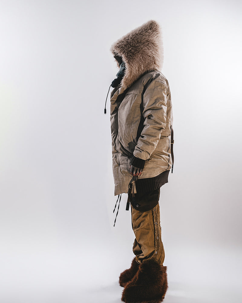 Post-Apocalyptic Hooded Snow Shearling Mid-Length Quilted Jacket