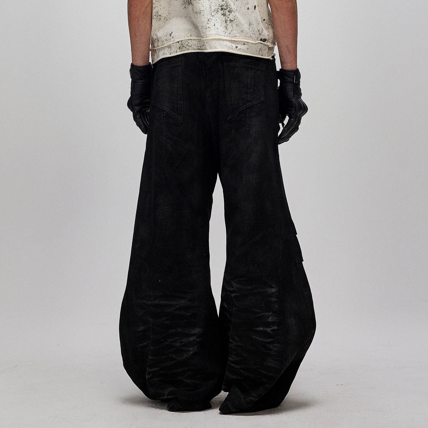 Distressed Waxed Zipper-Paneled Scimitar Pants