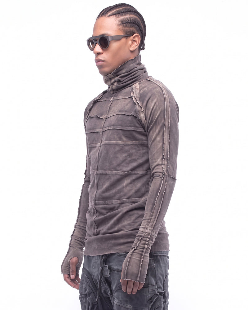Dystopian Distressed Paneled Turtleneck Long Sleeve Top
