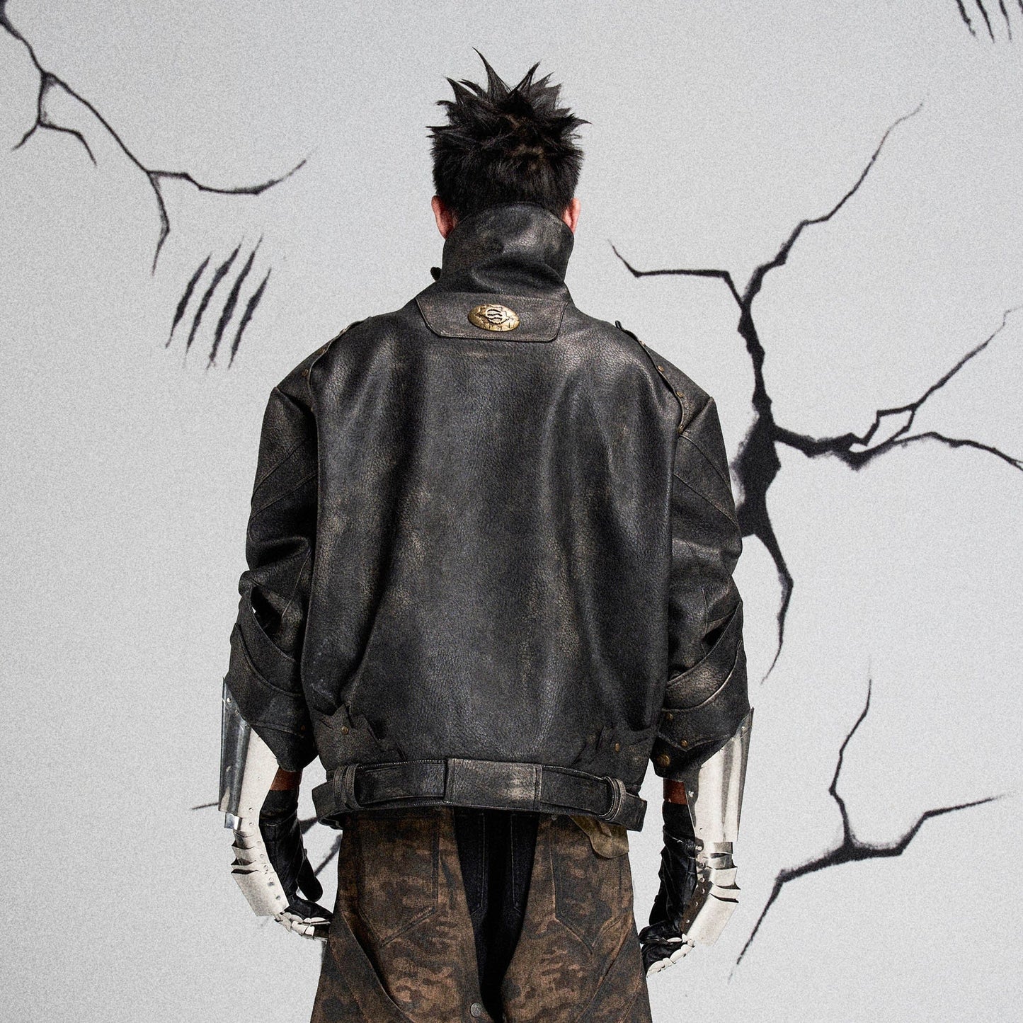 Mutation Knight Armor Distressed High-Collar Faux Leather Jacket