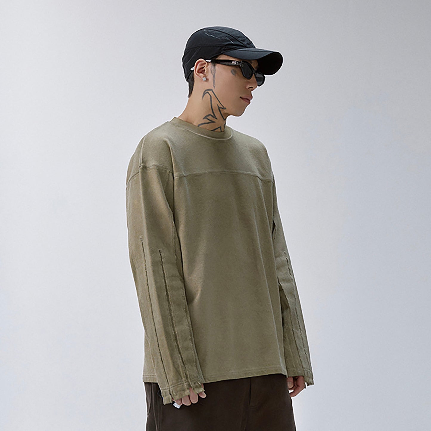 Distressed Panel-Stitched Long-Sleeve Tee