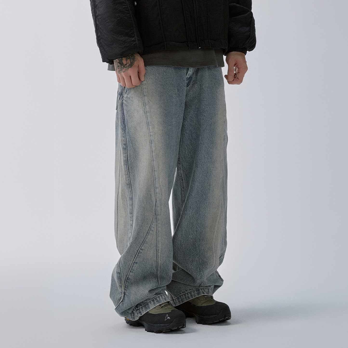 Washed Panel Adjustable-Hem Denim Pants
