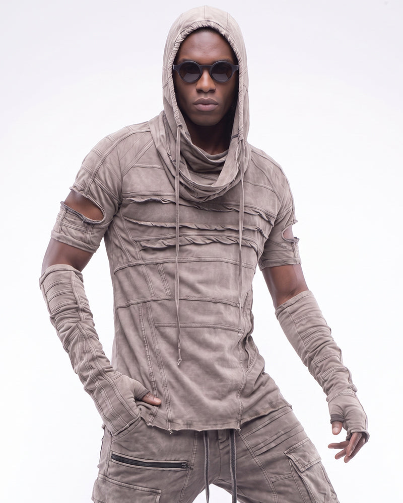 Wasteland Washed Distressed Hooded Tee with Detachable Sleeves