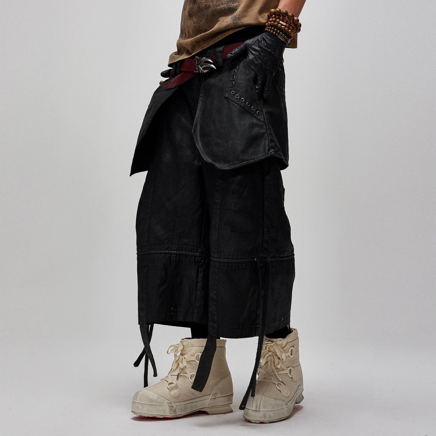 Waxed Layered Drape Strap Shorts