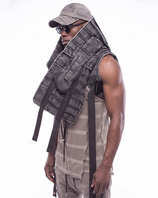 Post-Apocalyptic Asymmetric Pleated High-Neck Utility Vest