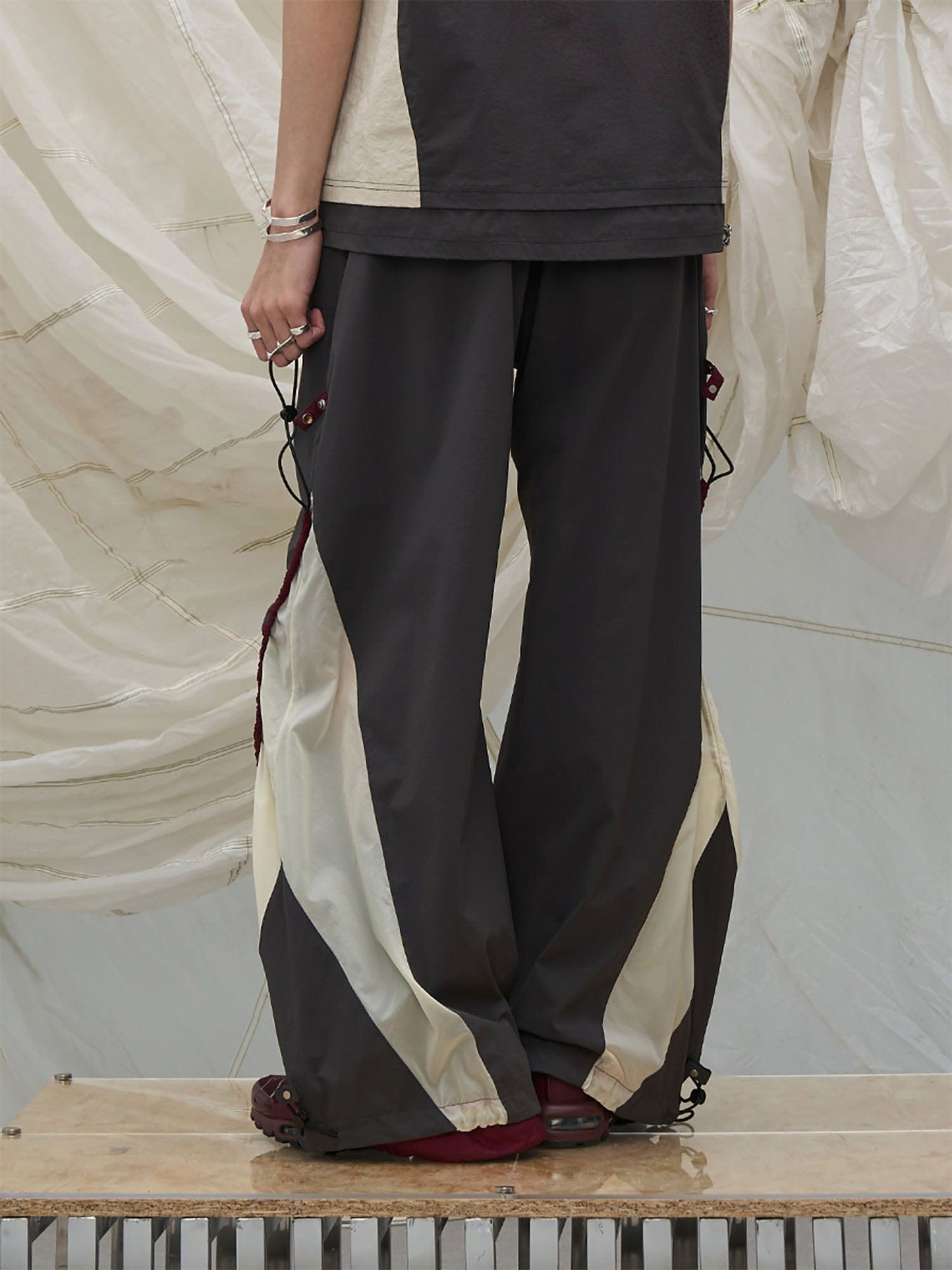 Contrast Spliced Fold-Side Drawstring Pants