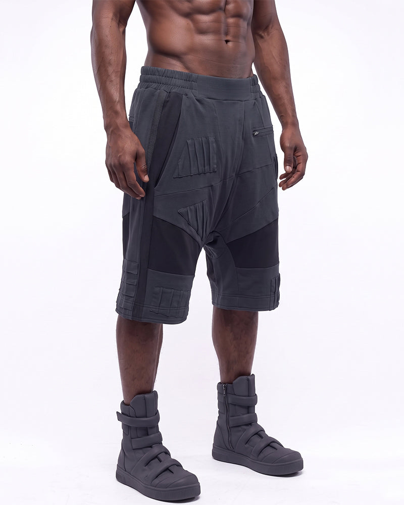 Post-Apocalyptic Deconstructed Paneled Drop-Crotch Shorts
