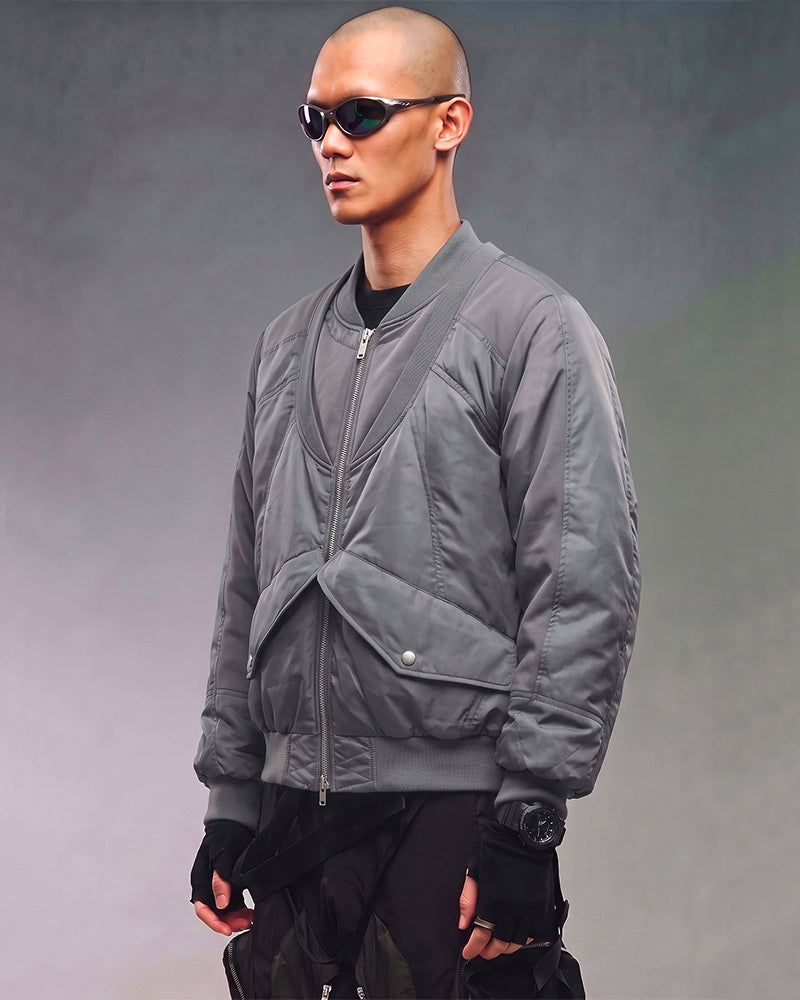 Deconstructed Double Collar Layered Paneled Bomber Jacket