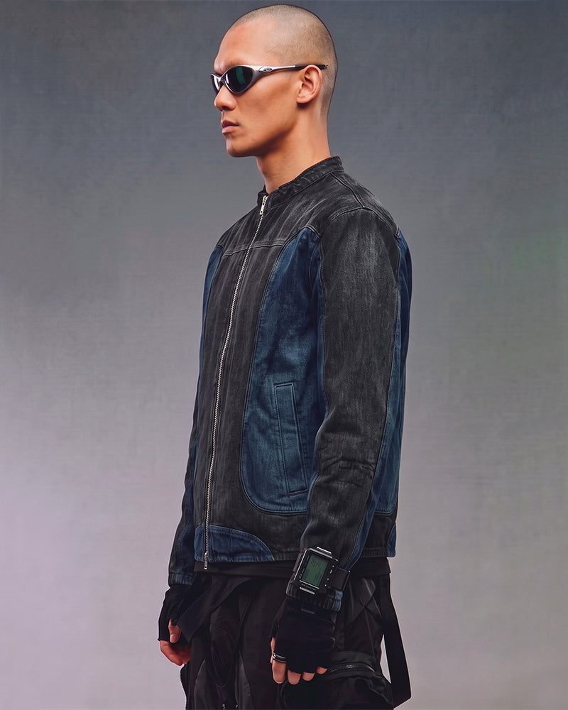 Wasteland Patchwork Biker Zip-Up Denim Jacket