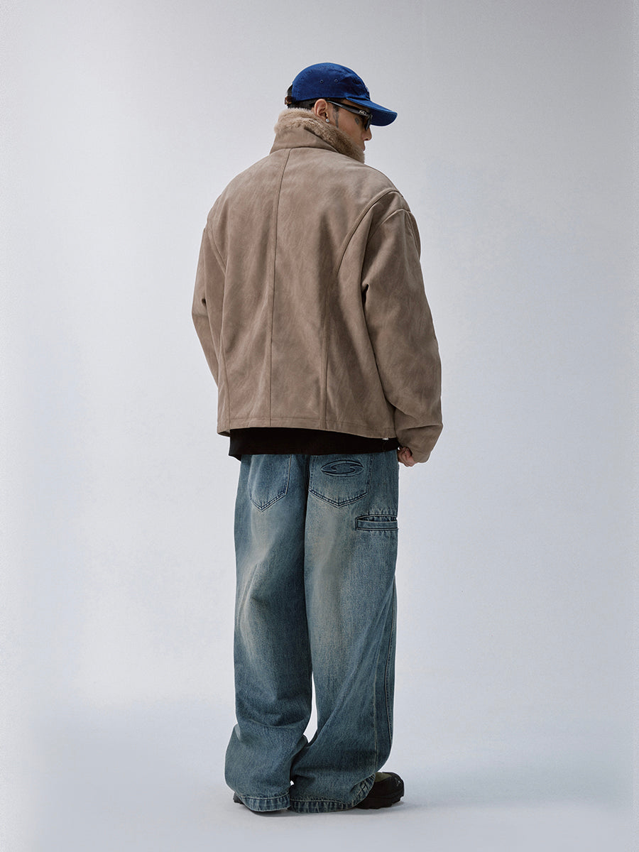 Aged Suede Faux Fur High-Collar Jacket