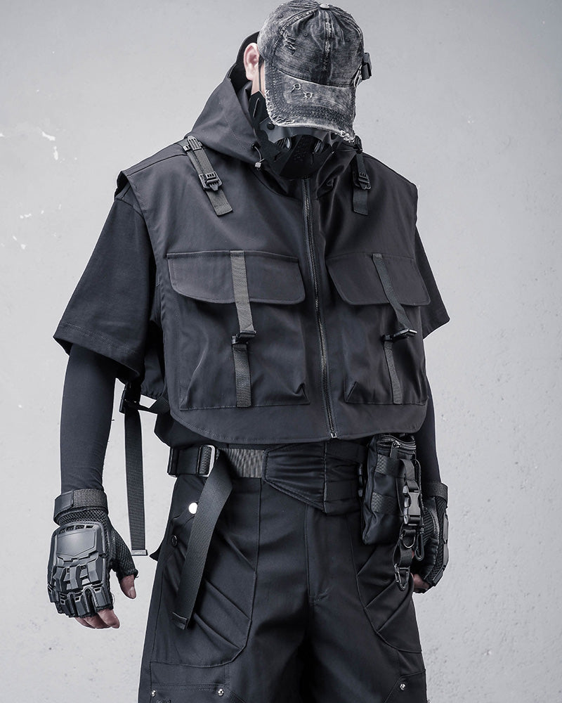 Techwear Tactical Utility Hooded Black Vest