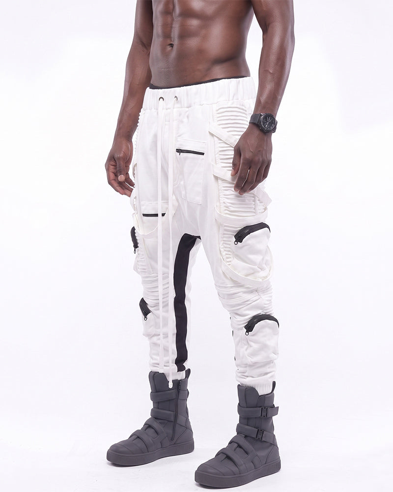 Dystopian Ruched Contrast Drop‑Crotch Cargo Pants