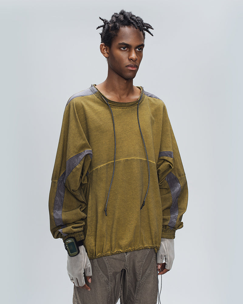 Washed Contrast Panel Drawstring Long-Sleeve Tee