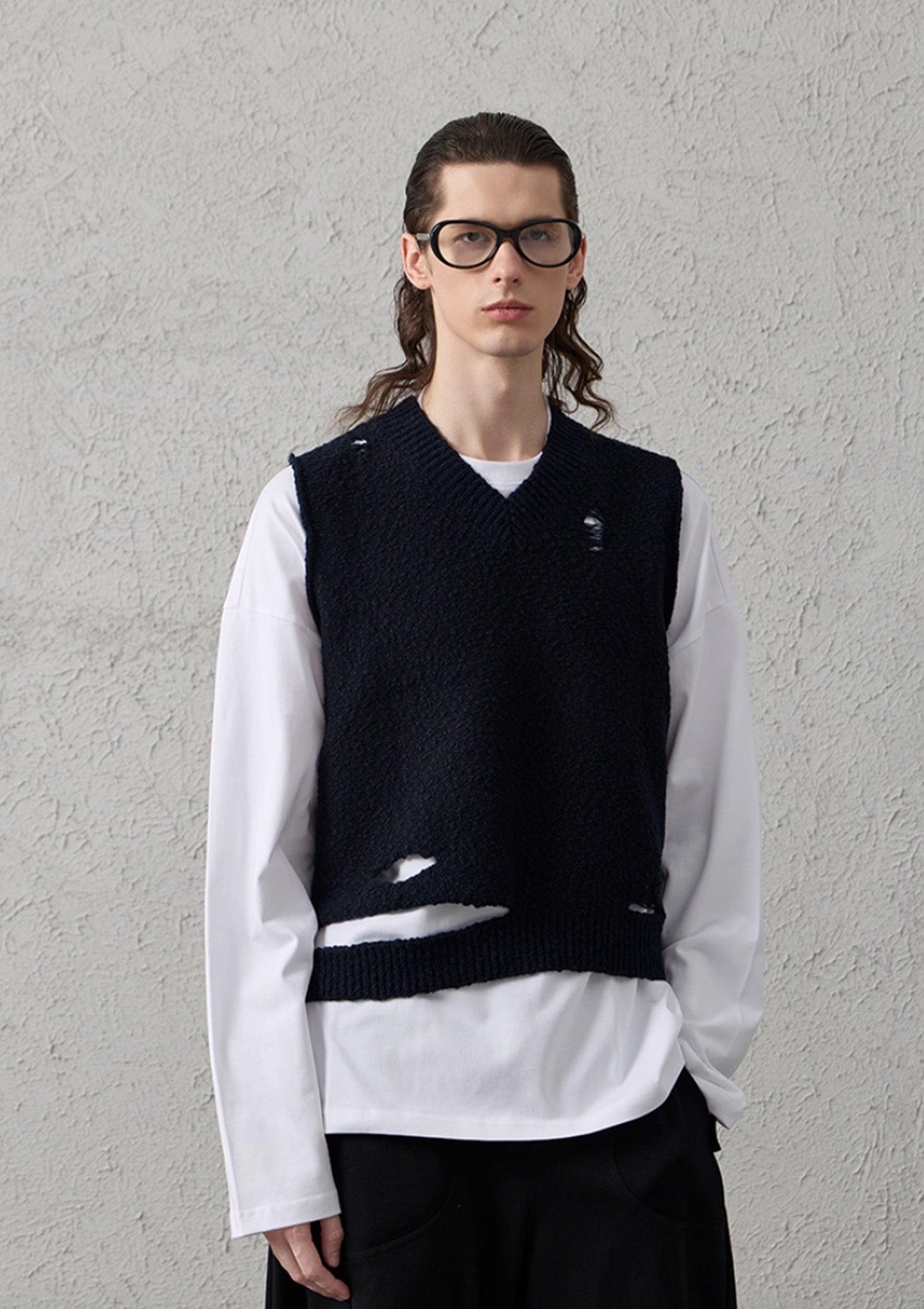 Asymmetrical Distressed Bubble-Knit Vest