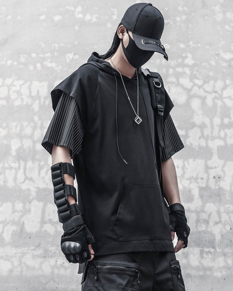 Layered Pinstripe Hooded Techwear T-Shirt