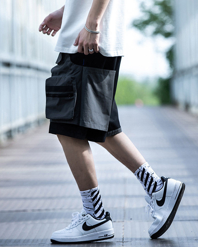 Color Block Techwear Multi-Pocket Cargo Shorts