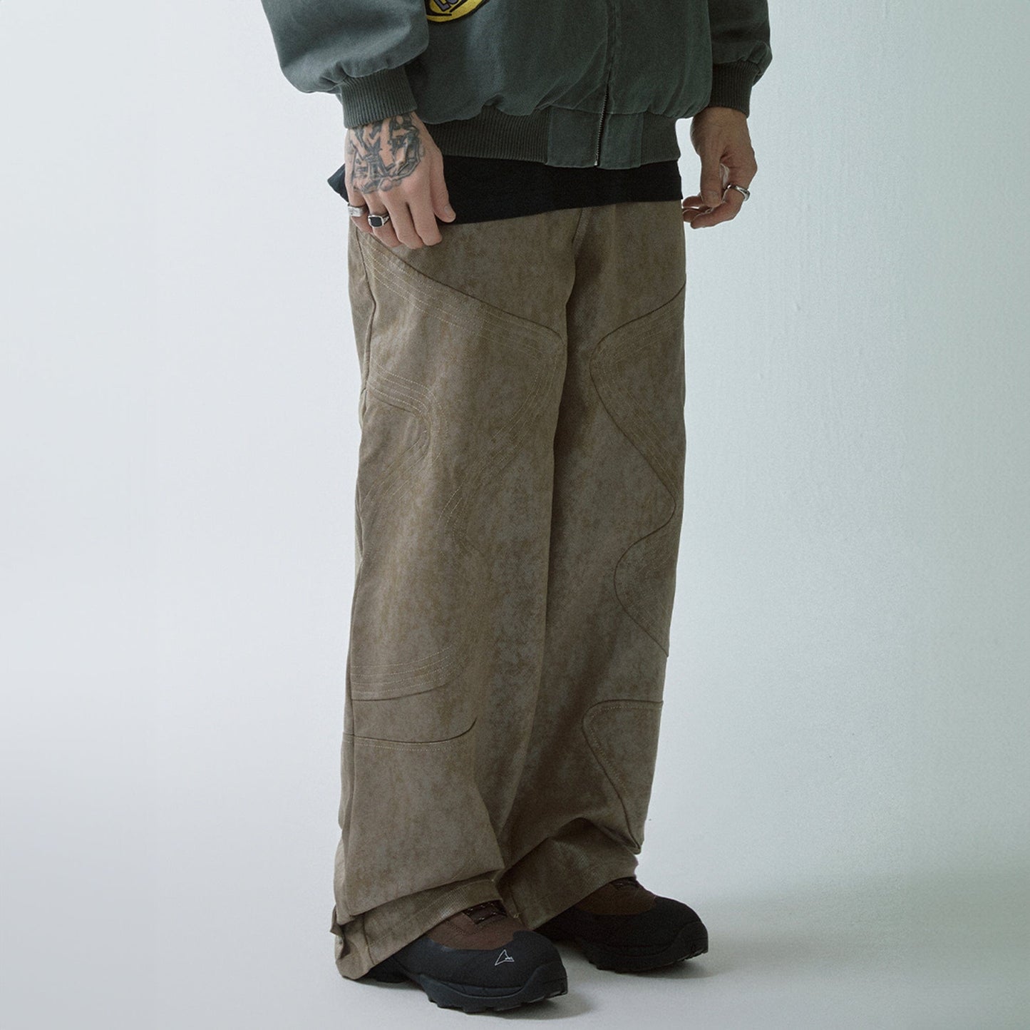 Distressed Paneled Waxed Pants